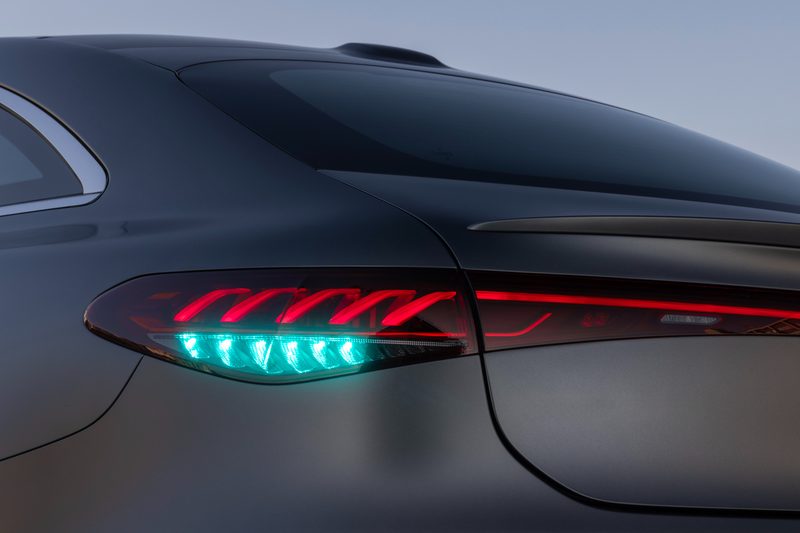 2024 Mercedes EQS equipped with Drive Pilot and left rear turquoise light tail light.