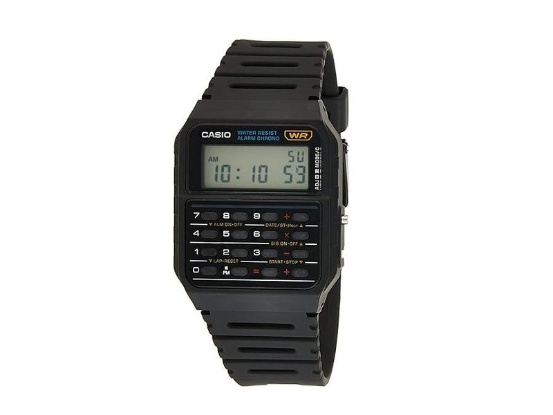 A Casio men's calculator watch with the time displayed.
