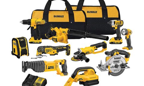 Everything included with the DeWalt 10-Tool Combo Kit laid out against a white background.