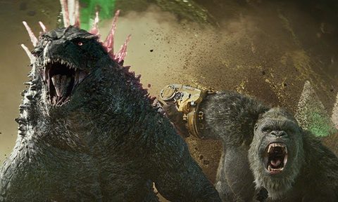 Godzilla and Kong running together.