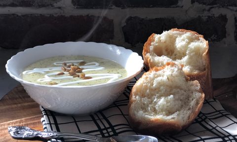 Cream of broccoli soup and bread
