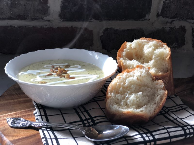 Cream of broccoli soup and bread