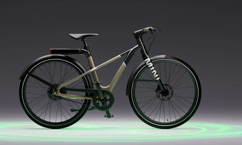 MINI E-Bike 1 Ocean Wave Green e-bike with a gray background with green light swirls.