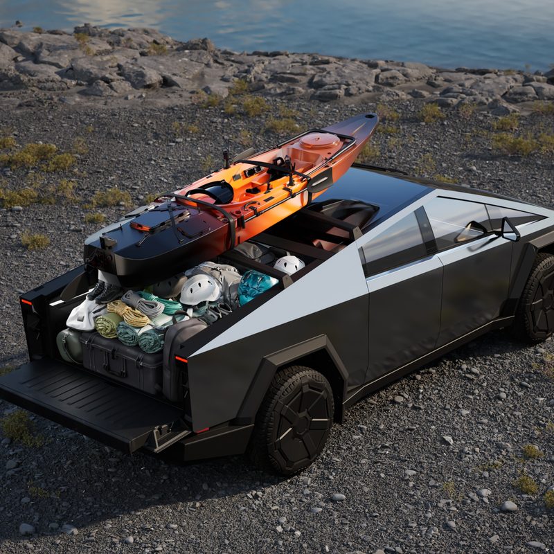 A Tesla Cybertruck with camping gear on the truck bed.