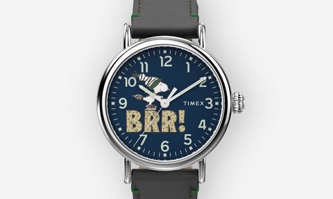The front of the Timex Standard x Peanuts with Snoopy themed holiday watch.