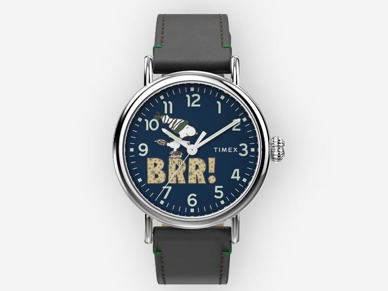 The front of the Timex Standard x Peanuts with Snoopy themed holiday watch.