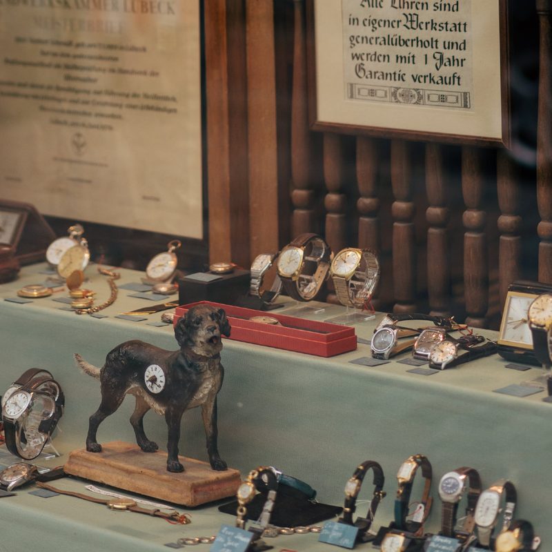 Watches displayed in a store window