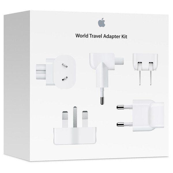 Box labeled 'World Travel Adapter Kit' with different plug adapters on the front.