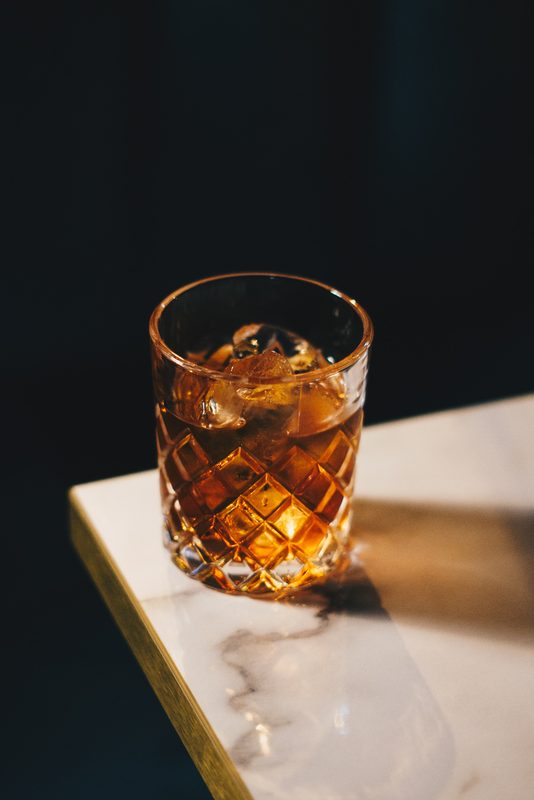 Whiskey on ice in a glass