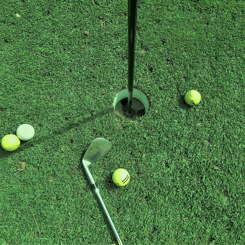 Golf balls and a club on the ground by a hole.