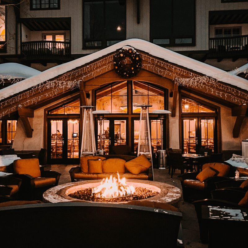Fireplace in front of a ski resort lodge