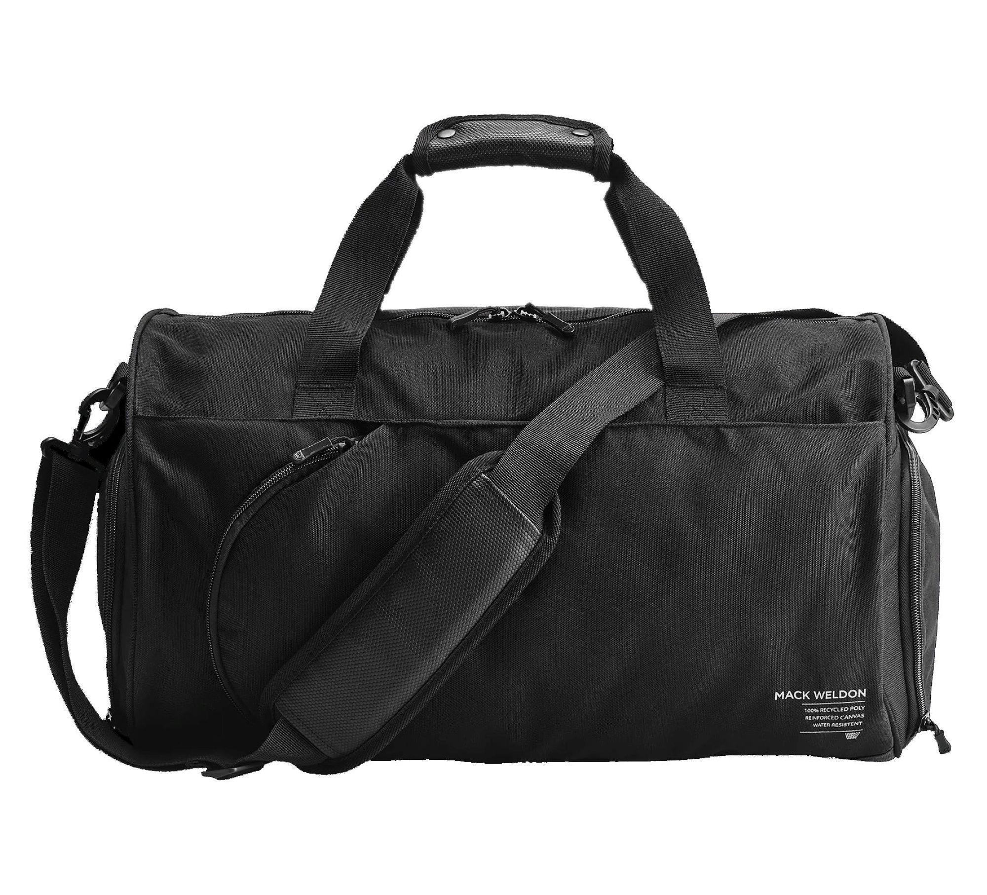 Mack Weldon Atlas black gym duffle bag with white background