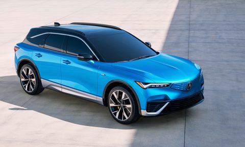 2024 Acura ZDX Type S blue with a black roof shot from high right three-quarter view.