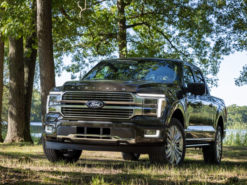 2024 Ford F-150 Platinum pickup truck front left three-quarter view parked on grass in front of trees with a pond in the background.