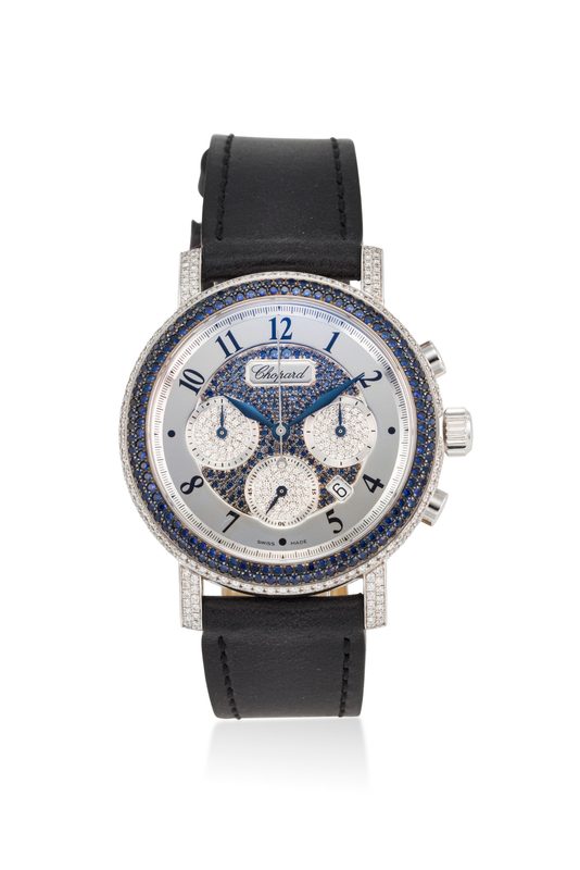 CHOPARD, LIMITED EDITION WHITE GOLD, SAPPHIRE AND DIAMOND-SET 'MILLE MIGLIA ELTON JOHN'