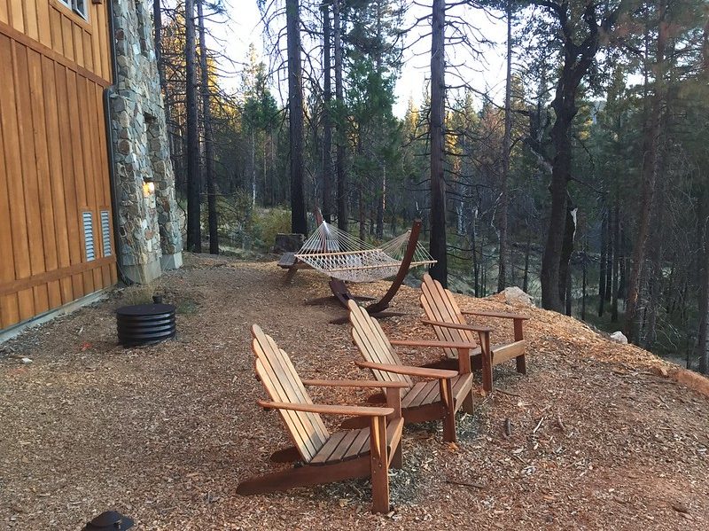 wooden chairs set out on the Rush Creek property in Yosemite