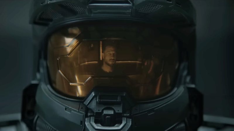 A Spartan soldier is reflected in a helmet from Halo season 2.