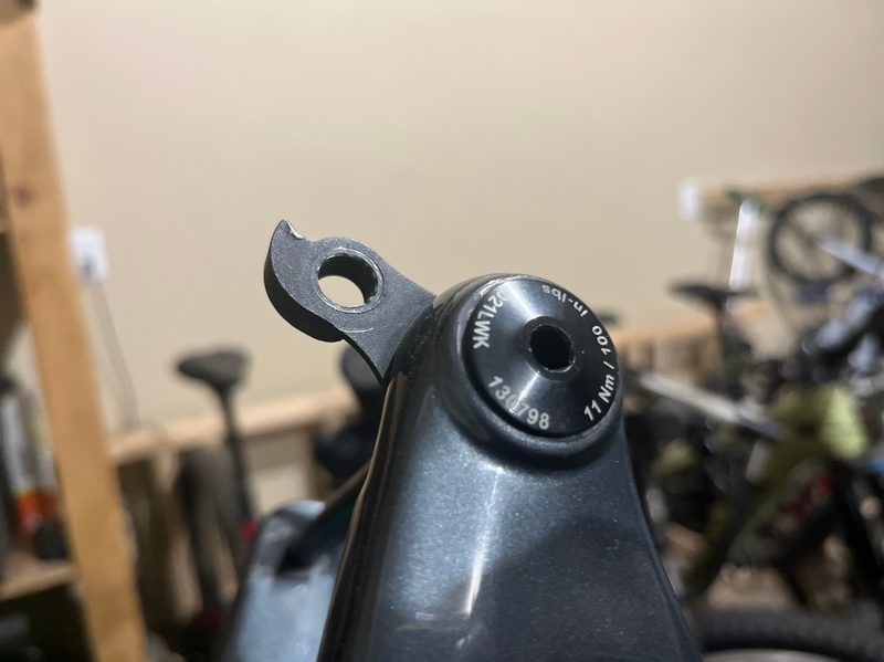 A derailleur hanger on a mountain bike