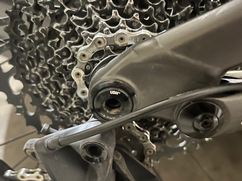 A SRAM universal derailleur hanger (UDH) on a mountain bike
