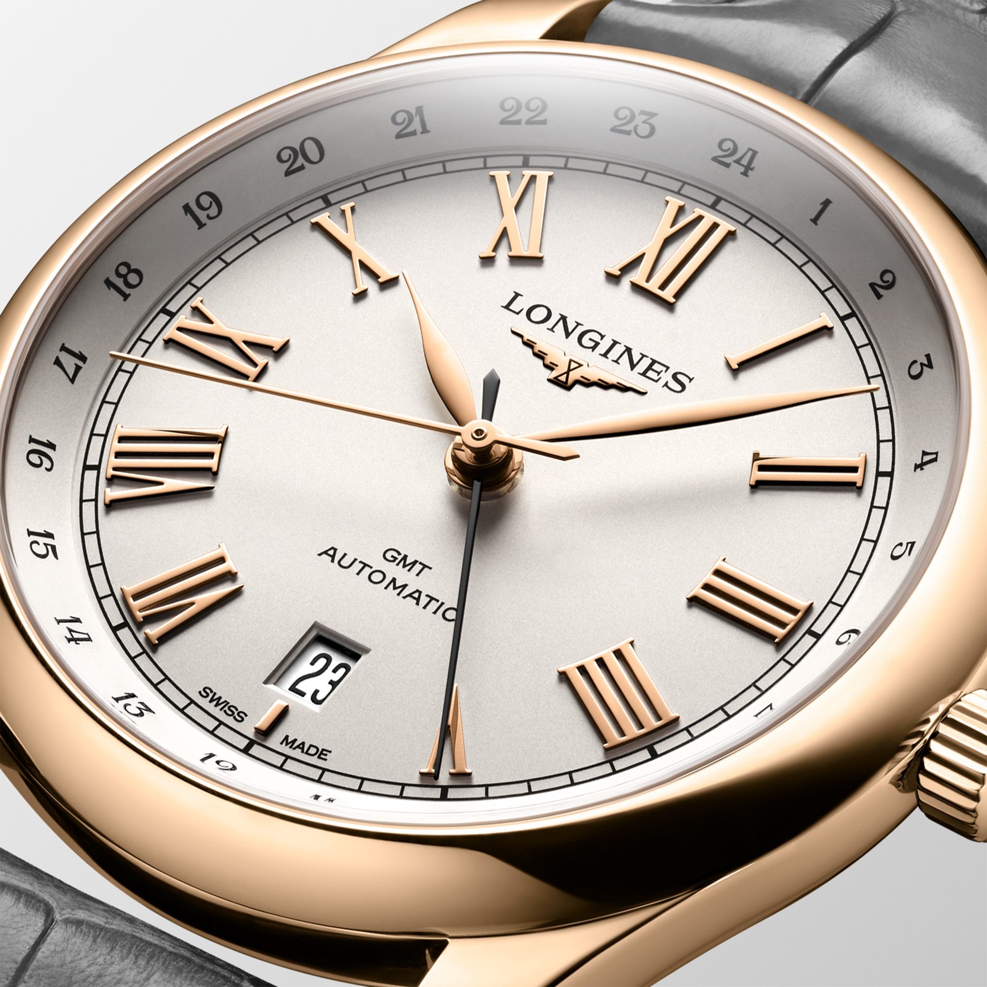 Longines Master Collection GMT rose gold face