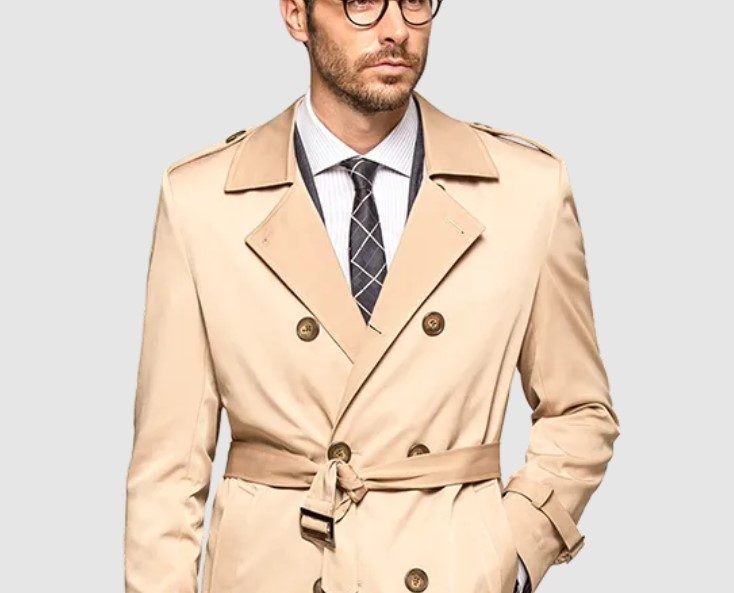 Man wearing Hockerty double-breasted trench coat