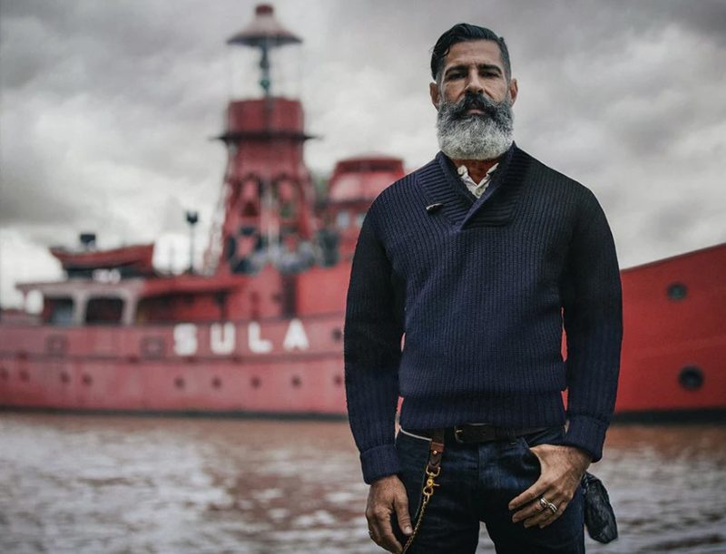 Port Shawl Collar Jumper on a dock