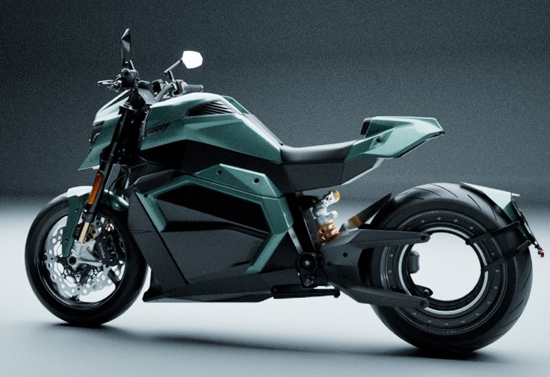 Verge TS Ultra motorcycle direct product shot from left side with greenish-gray background.
