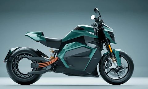Verge TS Ultra motorcycle direct product shot from right side with greenish-gray background.