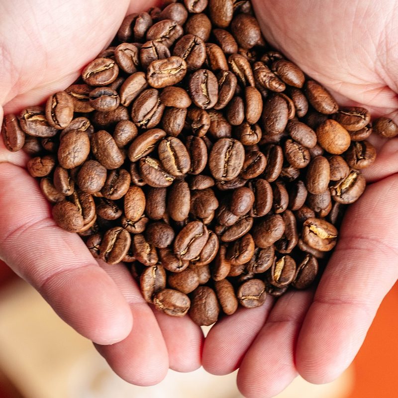 Coffee beans in hands.
