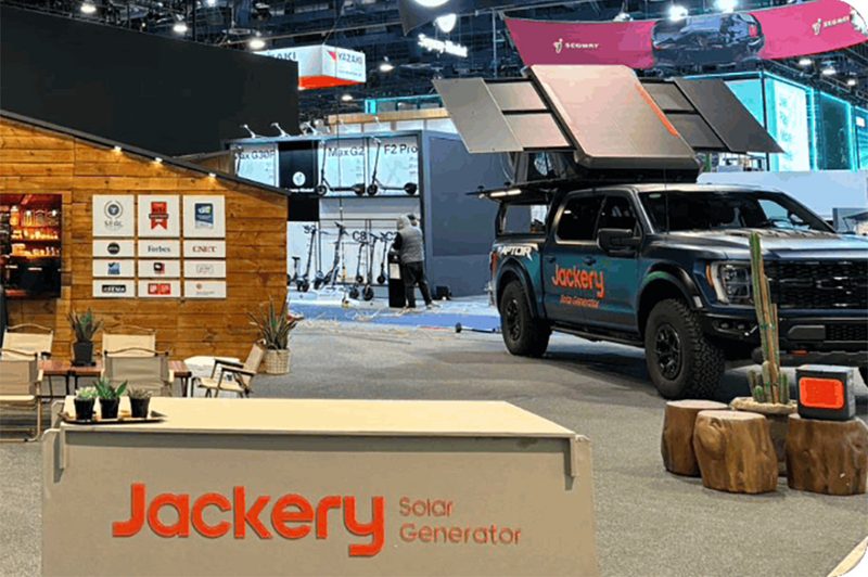 Jackery's new solar rooftop tent concept on a Ford Raptor pickup at CES 2024.