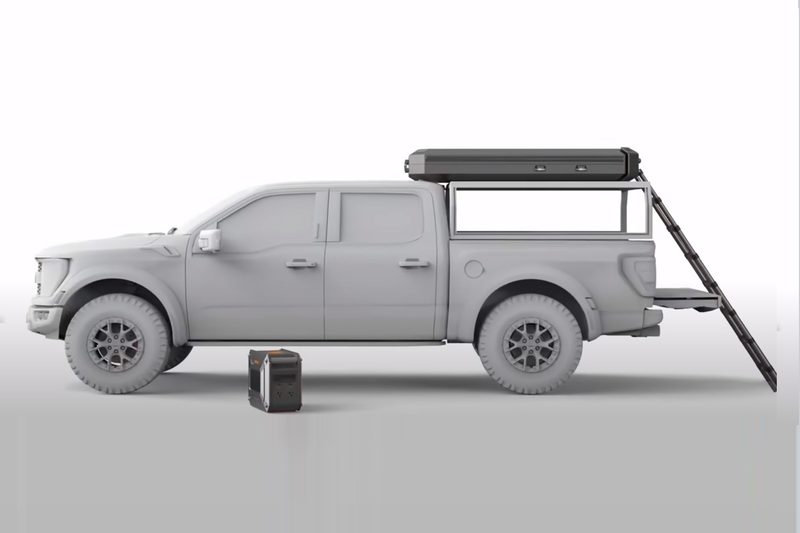 Concept rendering of Jackery's solar rooftop tent prototype on a pickup truck.