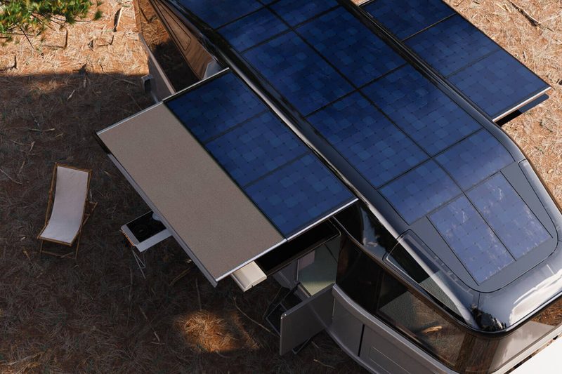 Overhead view of the massive rooftop solar array and awnings on a Lightship L1 electric RV.
