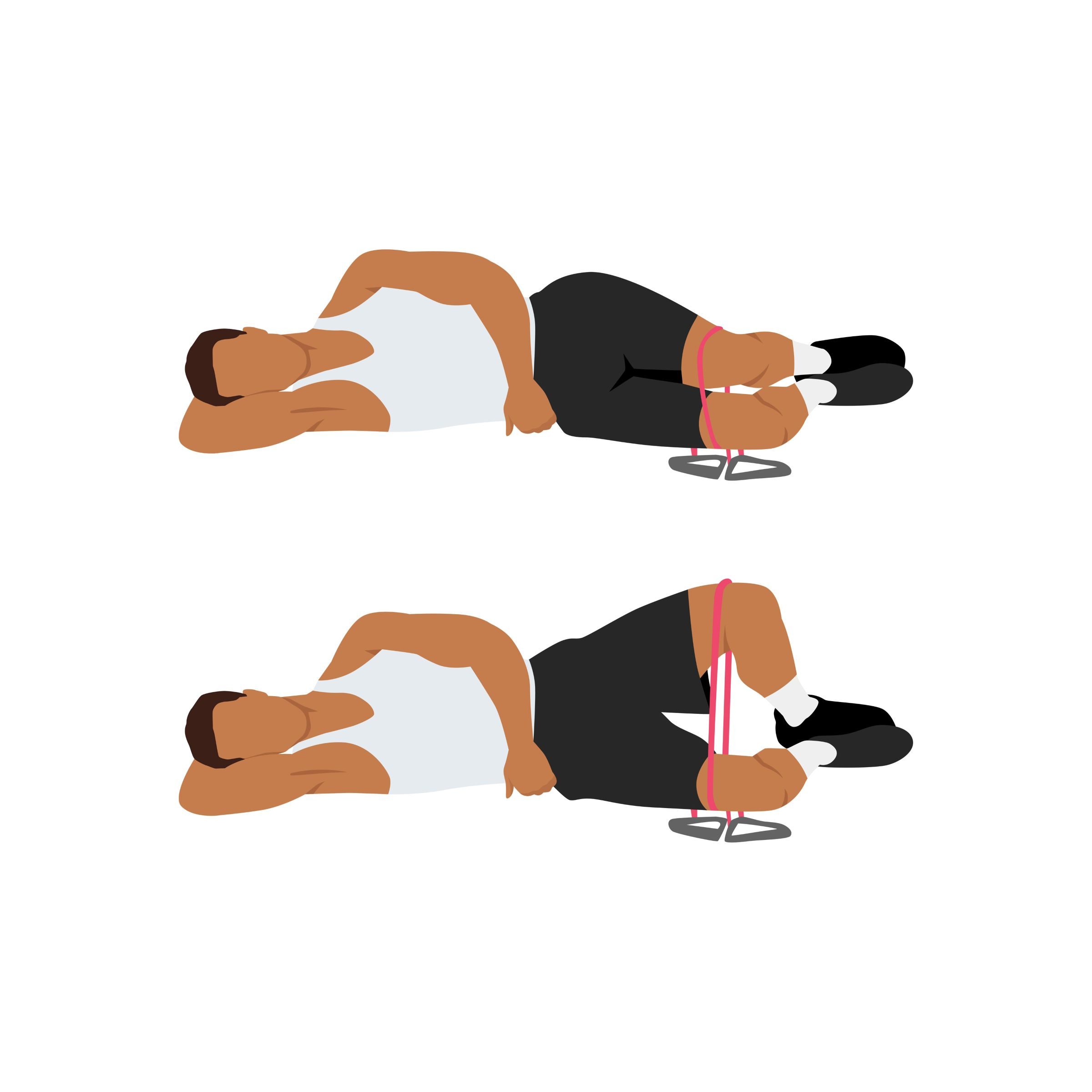 man illustration drawing of clamshell exercise with resistance band