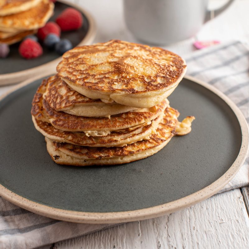 Plain protein pancakes on a plate made with eggs, oats and quark