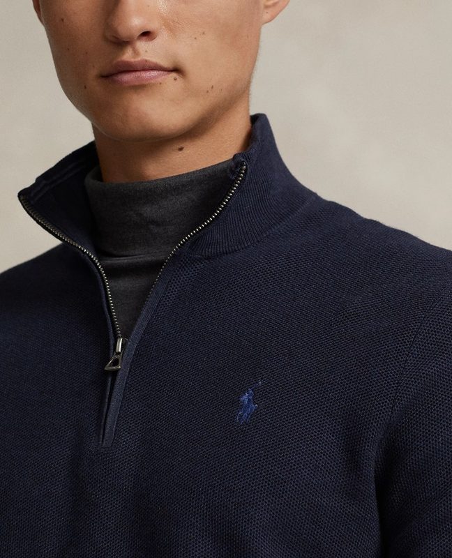 Ralph Lauren zip up sweater navy blue on model