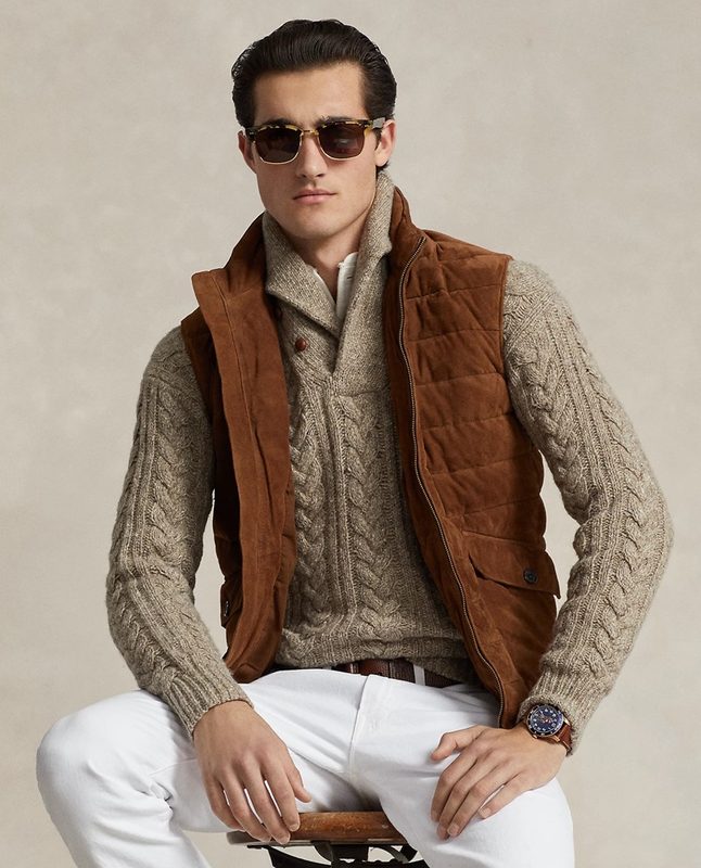 Ralph Lauren cable knit shawl sweater on model