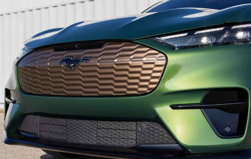 2024 Ford Mustang Mach-E Bronze closeup shot of front bronze grille taken from left front angle.