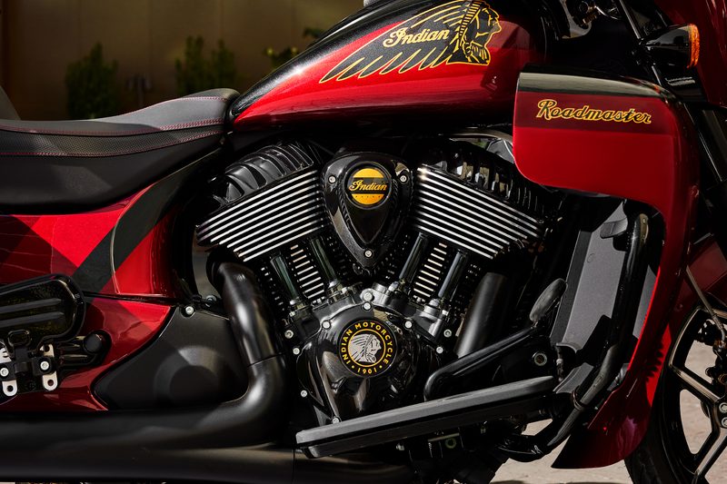 2024 Indian Roadmaster Elite right side view of motor, cooling, fairing, and tank.