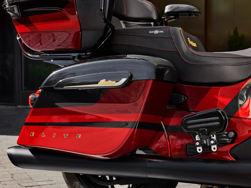 2024 Indian Roadmaster Elite right side view of the right case, top box, and passenger seat.