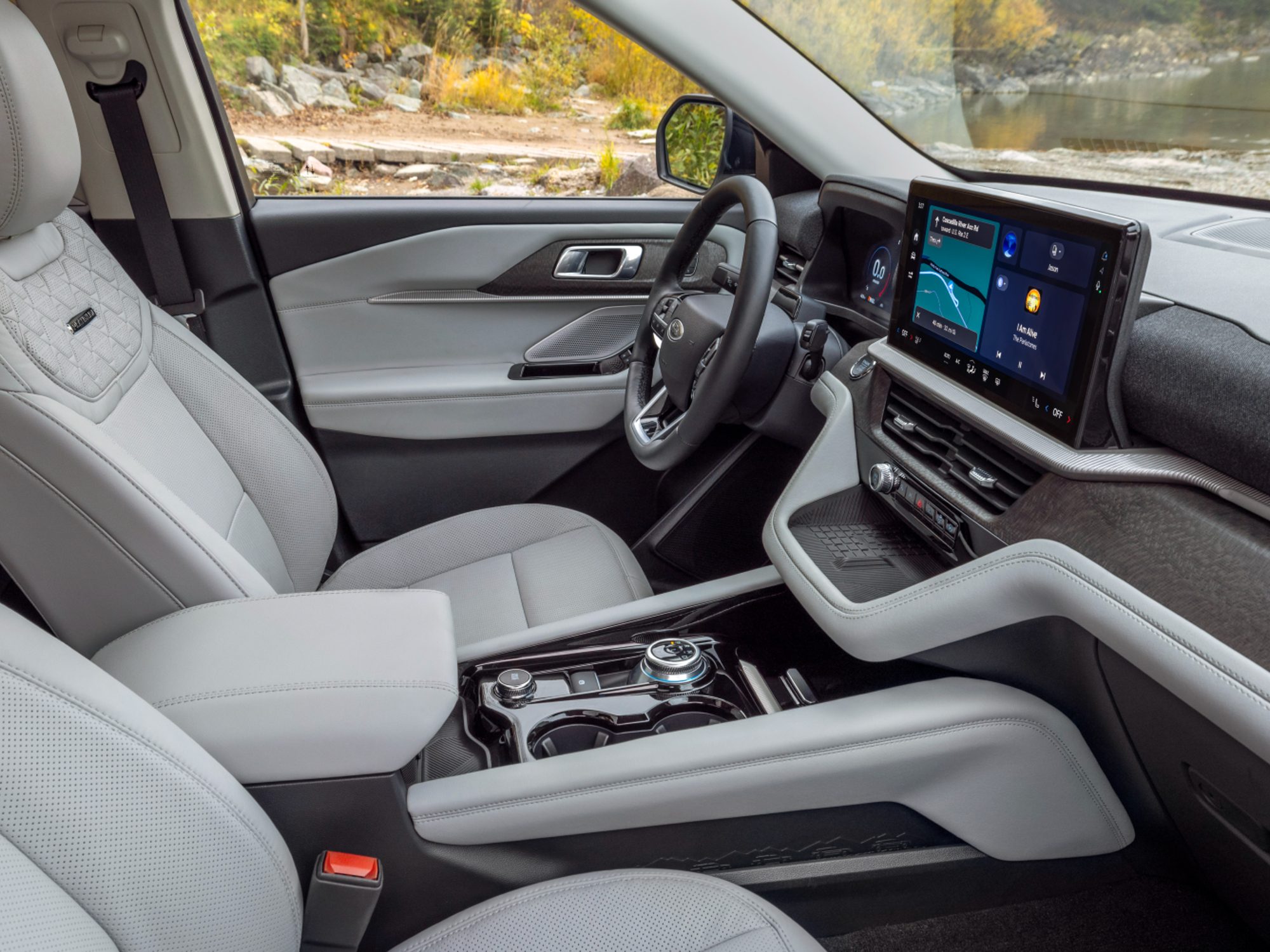 2025 Ford Explorer Platinum showing a light grey interior.