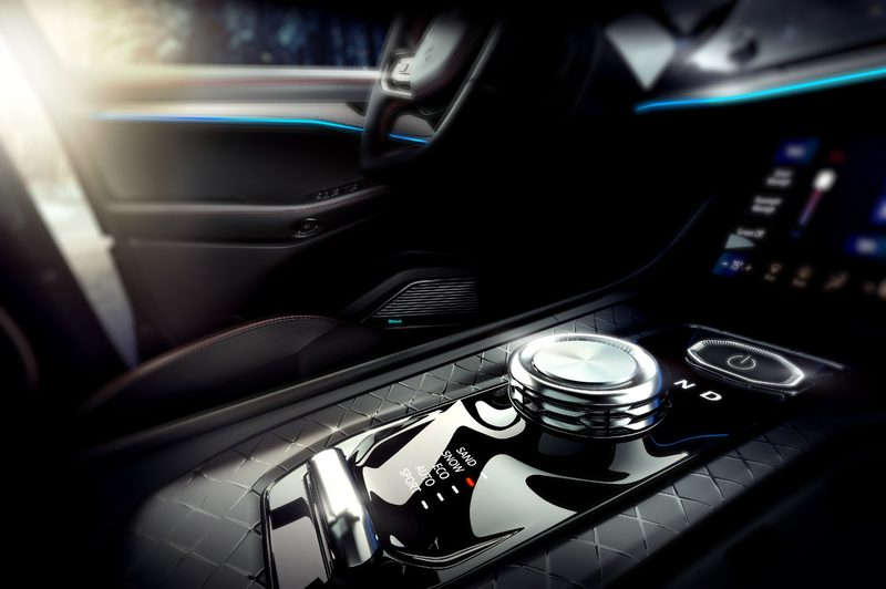 All-Electric Jeep Wagoneer S view of console drive modes taken from passenger seat.
