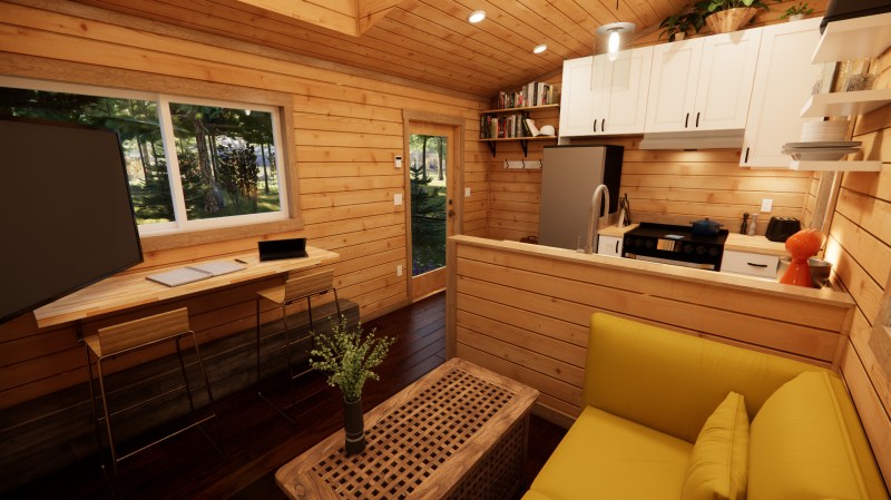 The interior entry of Tumblewood's The Aspen tiny home.