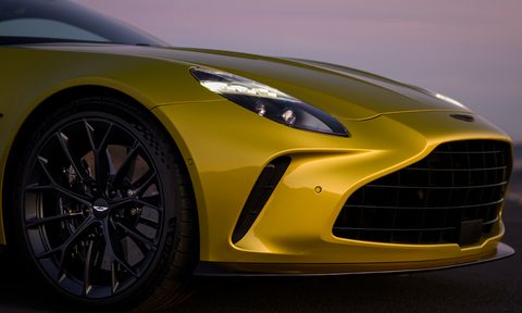 Aston Martin Vantage sports car right front wheel and nose.