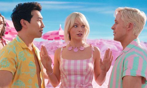 Simu Liu, Margot Robbie, and Ryan Gosling in Barbie.