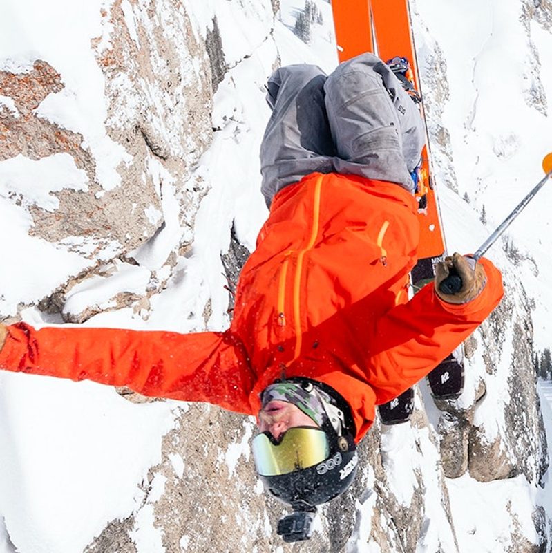 Skier doing a backflip into Corbet's Couloir