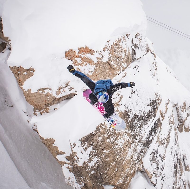 Snowboarder dropping into Corbet's Couloir