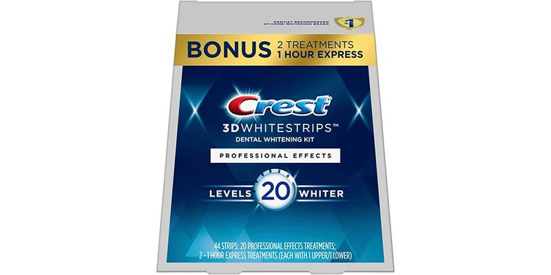 The Crest 3D Whitestrips 20 levels whiter on a white background.