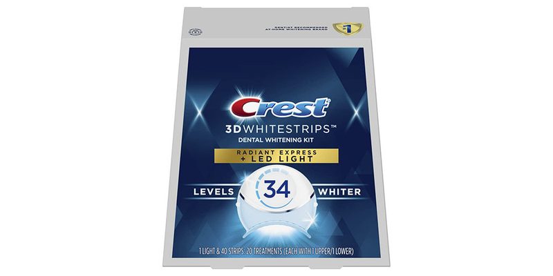 The Crest 3D Whitestrips Radiant Express 34 levels whiter on a white background.