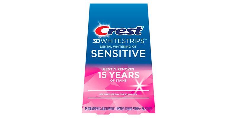 The Crest 3D Whitestrips Sensitive Teeth Whitening Kit on a white background.