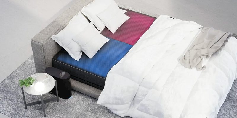 The Eight Sleep Pod Cover on a bed with different colors to demonstrate how each side can be heated or cooled differently.